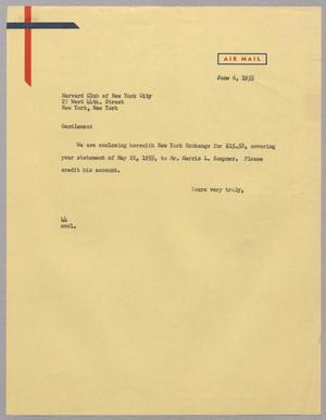 [Letter from A. H. Blackshear, Jr., to Harvard Club of New York City, June 6, 1955]