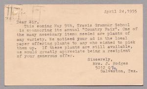 [Postal Card from Mrs. J. Hodges to Harris Leon Kempner, April 26, 1955]