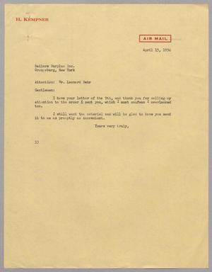 Primary view of object titled '[Letter from Harris L. Kempner to Sailors Surplus Inc., April 13, 1956]'.