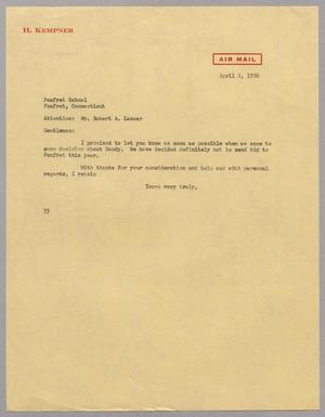 Primary view of object titled '[Letter from Harris L. Kempner to the Pomfret School, April 2, 1956]'.