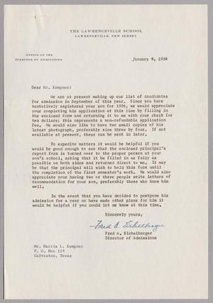 [Letter from The Lawrenceville School to Mr. Harris L. Kempner, January 9, 1956]