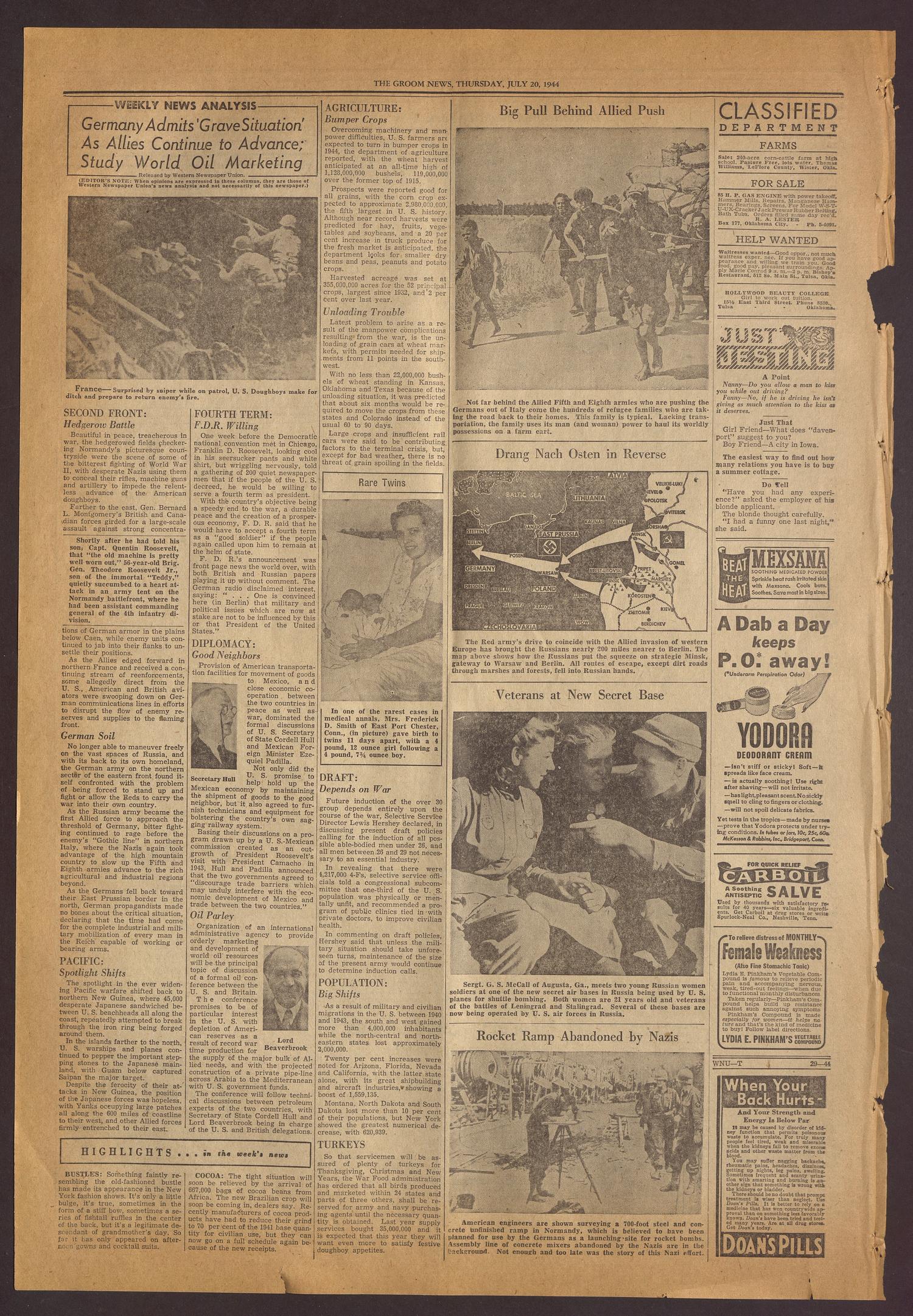 The Groom News (Groom, Tex.), Vol. 19, No. 21, Ed. 1 Thursday, July 20, 1944
                                                
                                                    [Sequence #]: 6 of 8
                                                