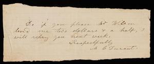 Primary view of object titled '[Promissory Note for the Loaning of Finances to Mr. L Durant]'.
