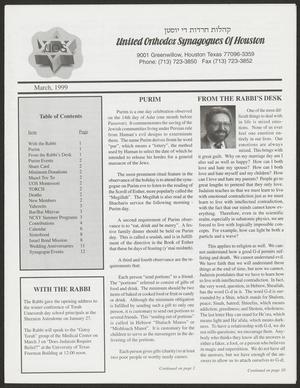 Primary view of object titled 'United Orthodox Synagogues of Houston Newsletter, March 1999'.