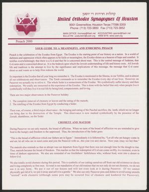 Primary view of object titled 'United Orthodox Synagogues of Houston Bulletin, April 2000'.
