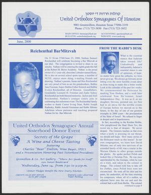 Primary view of object titled 'United Orthodox Synagogues of Houston Bulletin, June 2000'.