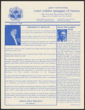 Primary view of object titled 'United Orthodox Synagogues of Houston Bulletin, September 2000'.