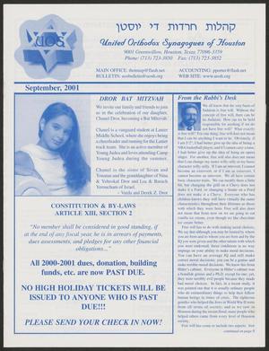 Primary view of object titled 'United Orthodox Synagogues of Houston Bulletin, September 2001'.