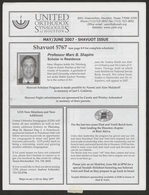 Primary view of object titled 'United Orthodox Synagogues of Houston Newsletter, May/June 2007'.