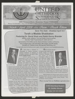 Primary view of object titled 'United Orthodox Synagogues of Houston Newsletter, March/April 2008'.
