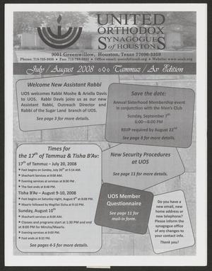 Primary view of object titled 'United Orthodox Synagogues of Houston Newsletter, July/August 2008'.