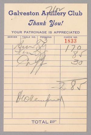 [Restaurant Bill for Galveston Artillery Club, December 7, 1953]