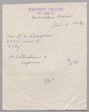[Invoice for Alterations and Repairs by Manbert Tailors, January 2, 1953]
