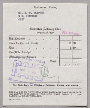 [Monthly Dues Statement for Galveston Artillery Club, February 1954]