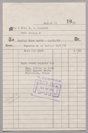 [Invoice for Annual Dues: Family Christmas Dance, August 1954]
