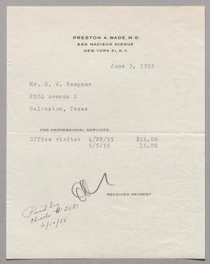 [Invoice for Office Visits by Preston A. Wade, June 3, 1955]