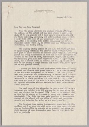 [Letter from Deerfield Academy to Mr. and Mrs. Kempner, August 10, 1956]