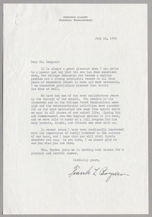Primary view of object titled '[Letter from Frank L. Boyden to Harris Leon Kempner, July 16, 1956]'.