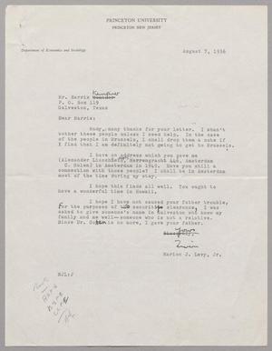 Primary view of object titled '[Letter from Marion J. Levy, Jr. to Mr. Harris Kempner, August 7, 1956]'.
