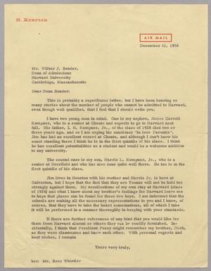 [Letter from Harris L. Kempner to Mr. Wilbur J. Bender, December 31, 1956]