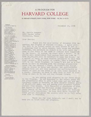 [Letter from A Program for Harvard College to Mr. Harris Kempner, December 10, 1956]