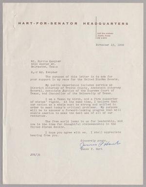 [Letter from James P. Hart to Mr. Harris L. Kempner, November 12, 1956]