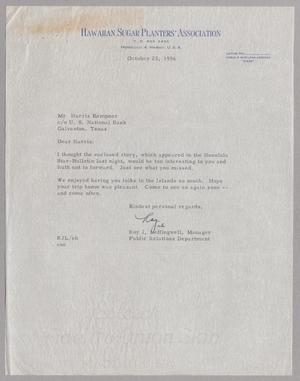 Primary view of object titled '[Letter from the Hawaiian Sugar Planter's Association to Mr. Harris Kempner, October 23, 1956]'.