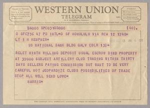 [Telegram from Harris Kempner to Isaac H. Kempner, October, 13, 1956]