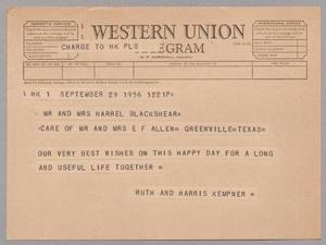 [Telegram from Ruth and Harris Kempner to Mr. and Mrs. Harrel Blackshear, September 29, 1956]