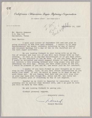 [Letter from the California & Hawaiian Sugar Refining Corporation to Mr. Harris Kempner, September 10, 1956]