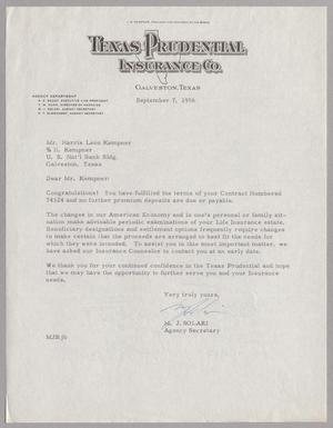 [Letter from the Texas Prudential Insurance Co. to Mr. Harris Leon Kempner, September 7, 1956]