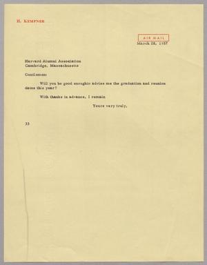 [Letter from Harris Leon Kempner to Harvard Alumni Association, March 28, 1957]