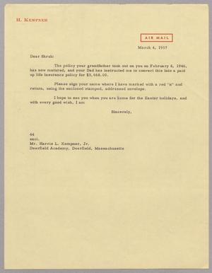 [Letter from A. H. Blackshear to Mr. Harris L. Kempner, Jr., March 4, 1957]