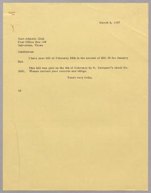 [Letter from Harris Leon Kempner to Turf Athletic Club, March 4, 1957]
