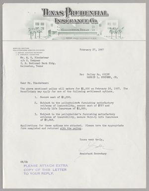 [Letter from the Texas Prudential Insurance Co. to Mr. A. H. Blackshear, February 27, 1957]
