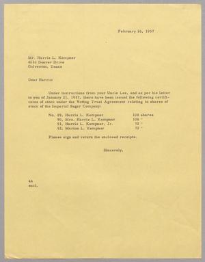 [Copy of letter from A. H. Blackshear, Jr. to Mr. Harris L. Kempner, February 26, 1957]