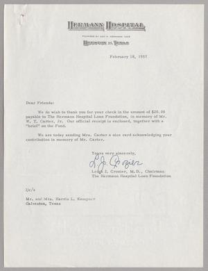 [Letter from Hermann Hospital to Mr. and Mrs. Harris L. Kempner, February 18, 1957]