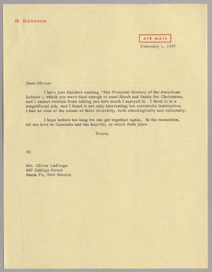 [Letter from Harris L. Kempner to Mr. Oliver LaFarge, February 1, 1957]