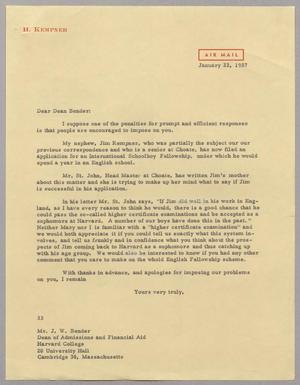 [Letter from Harris L. Kempner to Mr. J. W. Bender, January 22, 1957]