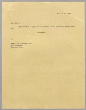 Primary view of object titled '[Letter from Harris Leon Kempner to Mary Josephine Kempner, January 22, 1957]'.