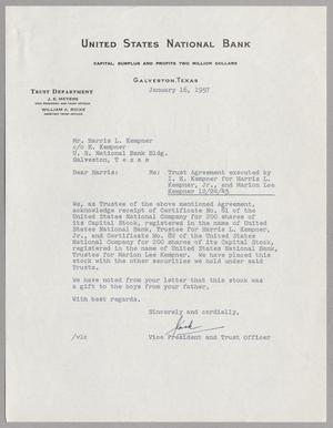 Primary view of object titled '[Letter from United States National Bank to Mr. Harris L. Kempner, January 16, 1957]'.