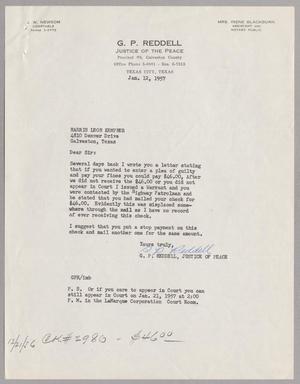 [Letter from G. P. Reddell to Harris Leon Kempner, January 12, 1957]