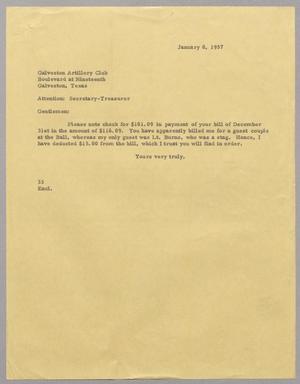 [Letter from Harris L. Kempner to Galveston Artillery Club, January 8, 1957]