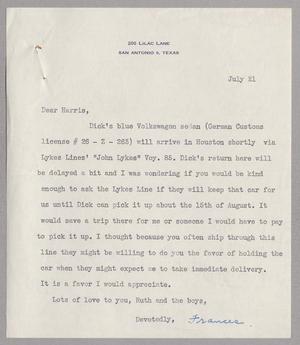 [Letter from Frances Ullman to Harris, July 21, 1957]