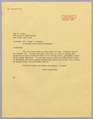 [Letter from Harris L. Kempner to the St. Regis, July 22, 1957]