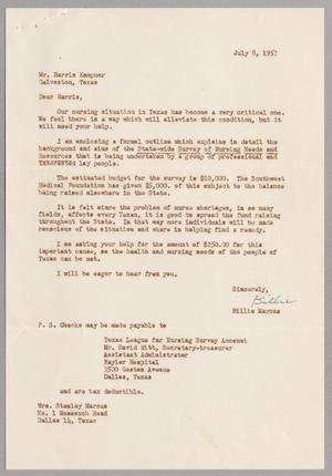 [Letter from Billie Marcus to Mr. Harris Kempner, July 8, 1957]