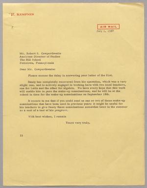 [Letter from Harris L. Kempner to Mr. Robert S. Cowperthwaite, July 1, 1957]