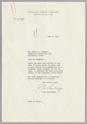 [Letter from R. B. Coolidge to Harris L. Kempner, June 3, 1957]