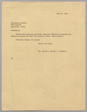 [Letter from Harris L. Kempner and Ruth Kempner to the Rosenberg Library, May 31, 1957]