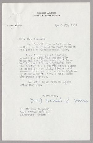 [Letter from Deerfield Academy to Mr. Harris Kempner, April 25, 1957]